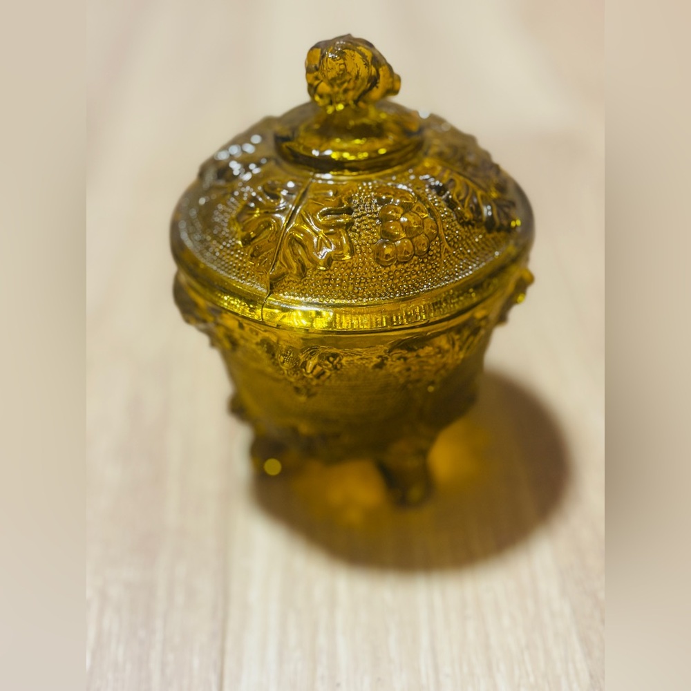 Vintage Jeannette Glass Co. Amberina Harvest Grape footed covered candy dish